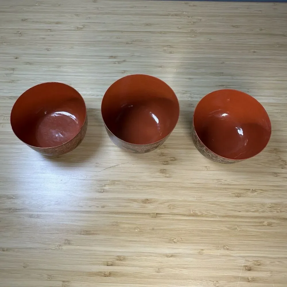 Vintage Burmese Lacquerware Bowls Cups 3- Pieces Burma Horsehair Bamboo Handmade